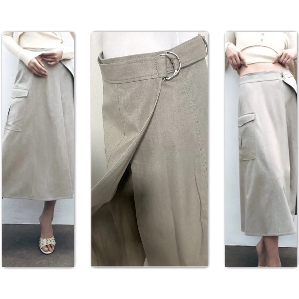 Zara NWT Beige High Waisted Cargo Midi Wrap Skirt Y2K Dress Up or Just Casual
